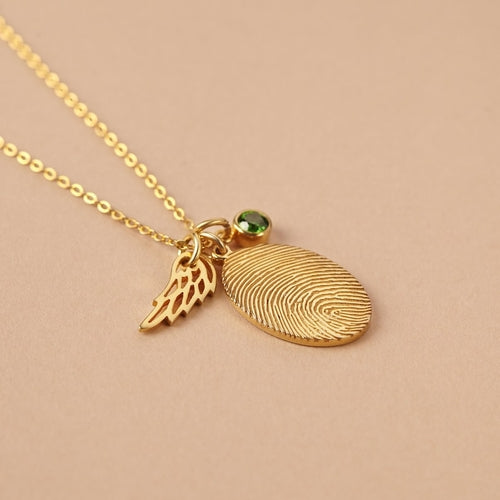 Fingerprint Necklace With Birthstone and Wing