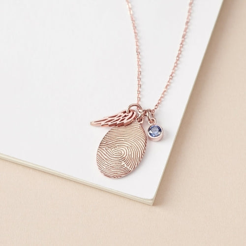 Fingerprint Necklace With Birthstone and Wing